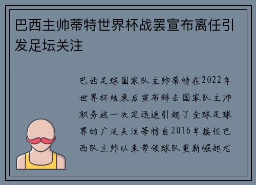 巴西主帅蒂特世界杯战罢宣布离任引发足坛关注 巴西主帅蒂特世界杯战罢宣布离任引发足坛关注